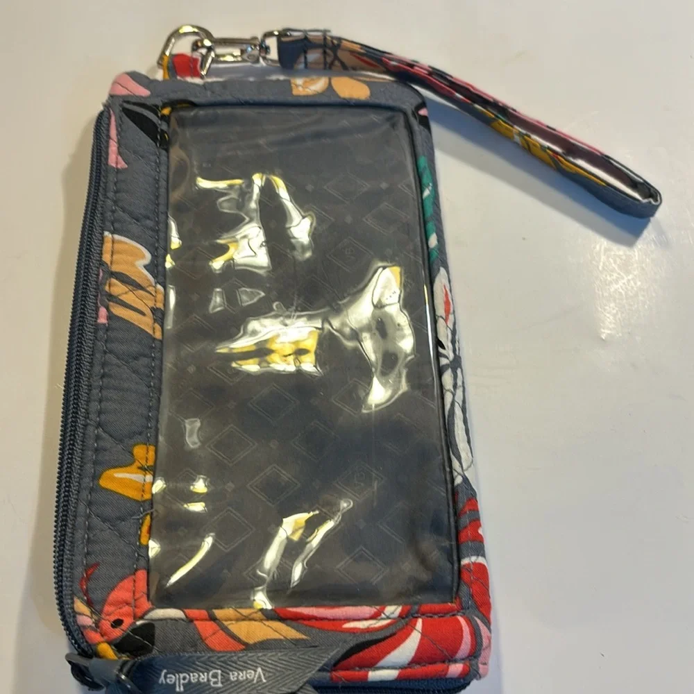 Vera Bradley wristlet floral motif grey clear back pocket